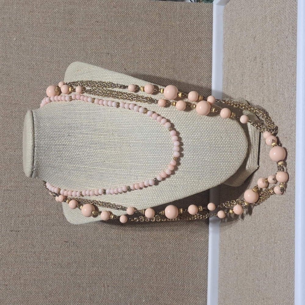 Vintage Retro Light Pink Peach Gold Beaded Statement Necklace Set